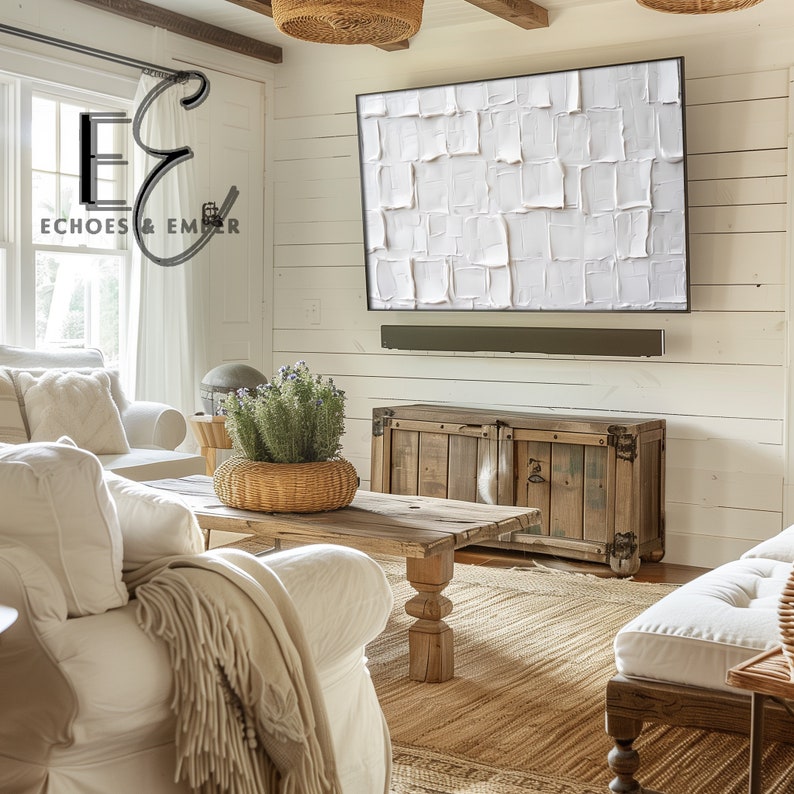 White Plaster Textured Samsung Frame TV Image.