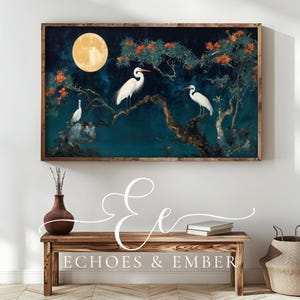 May include: A framed painting of three white egrets perched on branches of a tree with red flowers against a dark blue background with a full moon.