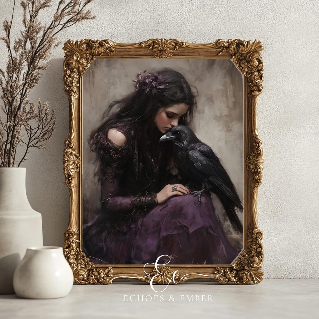 Gothic Woman and Raven Art Print: Dark Purple Witch Decor (digital ...