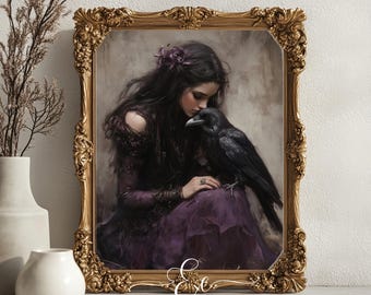 Gothic Woman and Raven Art Print: Dark Purple Witch Decor (Digital Download)