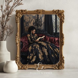 Moody Victorian Art Digital Portrait, Regal Woman in Black & Gold Gown, Gothic Chic Wall Art, Moody Baroque Decor | 110110