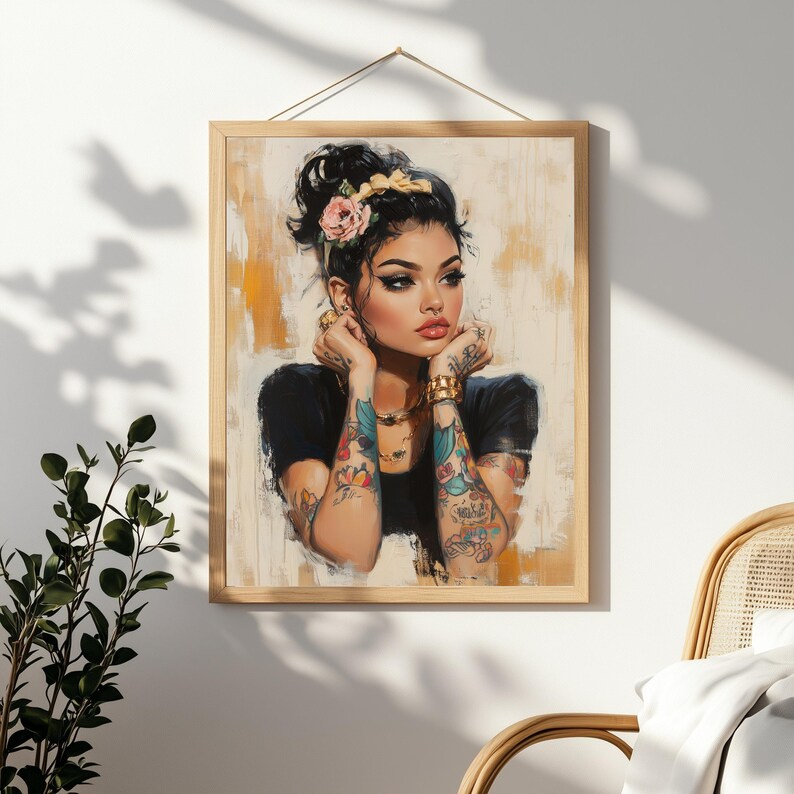 Digital painting of a tattooed woman with floral ink, gold jewelry, and bold makeup in a modern boho style, perfect for alternative decor and feminine empowerment wall art.