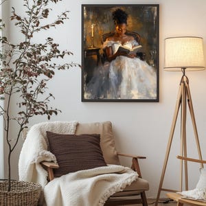 Digital painting of a woman in a vintage gown reading a book by candlelight in a dark, romantic setting, perfect for dark academia and literary-inspired wall decor.