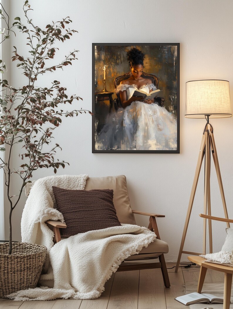 Digital painting of a woman in a vintage gown reading a book by candlelight in a dark, romantic setting, perfect for dark academia and literary-inspired wall decor.
