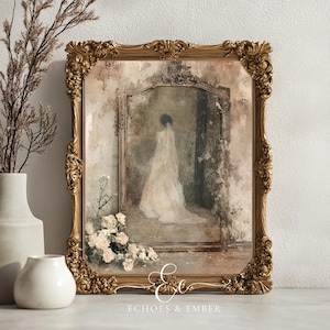 Może przedstawiać: Ozdobne, złote oprawione dzieło sztuki przedstawiające obraz w stylu vintage przedstawiający pannę młodą w sukni ślubnej. Grafika zawiera kompozycję kwiatową i tekst "Echoes & Ember" w prawym dolnym rogu.