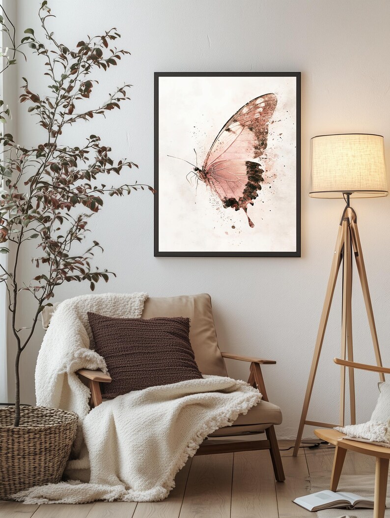 Abstract Pink Butterfly Watercolor Print - Boho Minimalist Wall Art ...