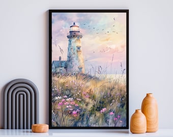 May include: A watercolor painting of a white lighthouse on a rocky shore with a field of pink wildflowers in the foreground. The sky is a soft blue with pink and orange clouds. There are birds flying in the sky.