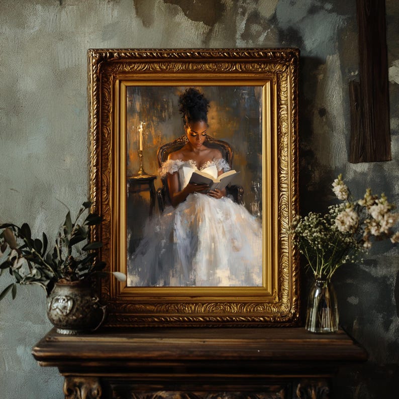 Digital painting of a woman in a vintage gown reading a book by candlelight in a dark, romantic setting, perfect for dark academia and literary-inspired wall decor.