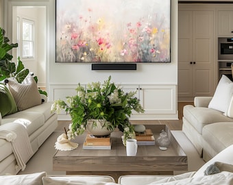 Neutral Wildflower Frame TV Art | Landscape Painting for Digital TV & Farmhouse Decor
