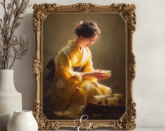 Puede incluir: Una mujer con un kimono amarillo se sienta con una taza en sus manos, rodeada de tazas de té en una bandeja de madera. La imagen está enmarcada en un marco dorado adornado con el texto "Echoes & Ember" en la parte inferior.
