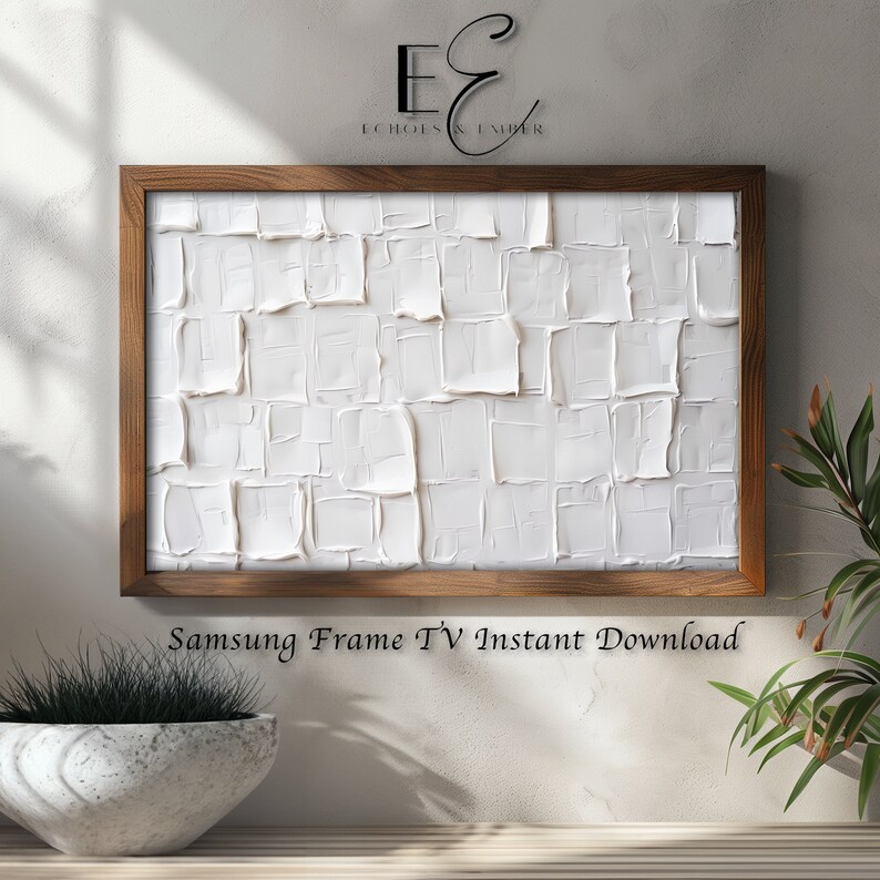 White Plaster Textured Samsung Frame TV Image.