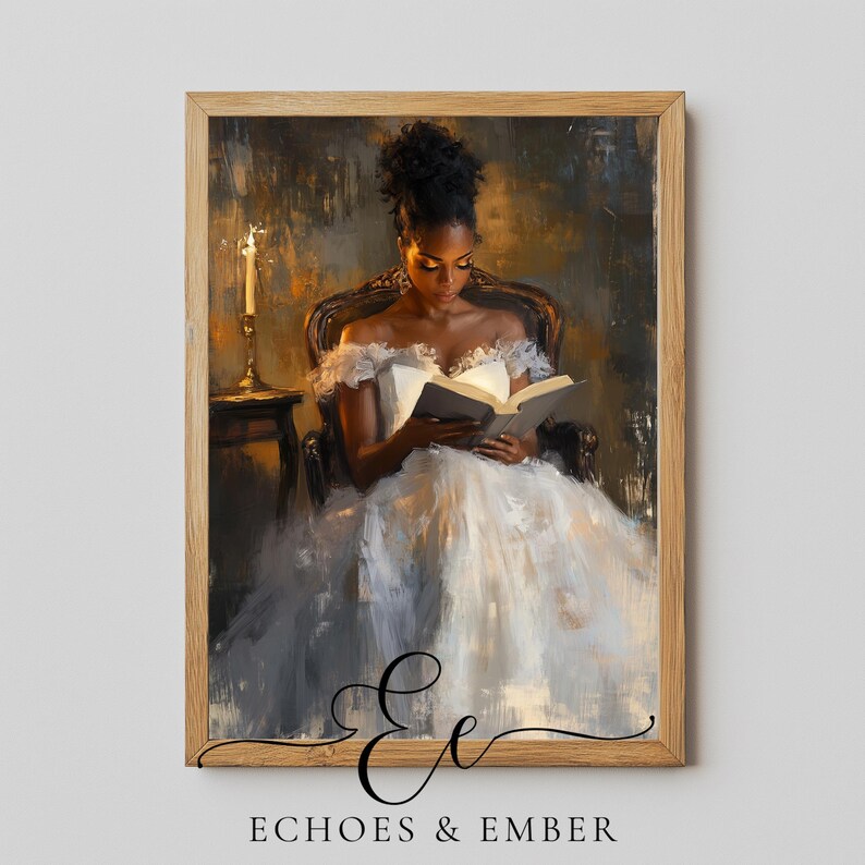 Digital painting of a woman in a vintage gown reading a book by candlelight in a dark, romantic setting, perfect for dark academia and literary-inspired wall decor.