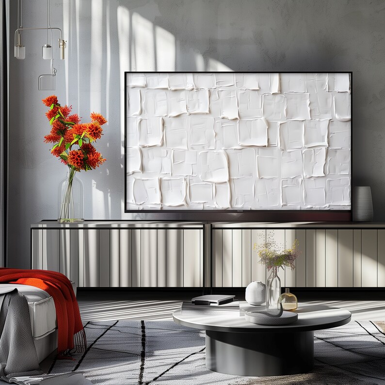 White Plaster Textured Samsung Frame TV Image.