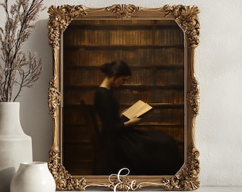Dark Academia Art Print: Reading Woman in Library (Digital Download)
