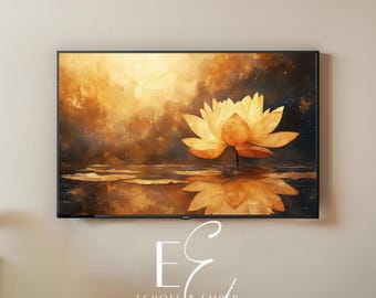 Peut inclure: Une peinture représentant un lotus jaune sur un fond doré. La fleur se reflète dans l'eau en dessous. La peinture a une ambiance douce et rêveuse.