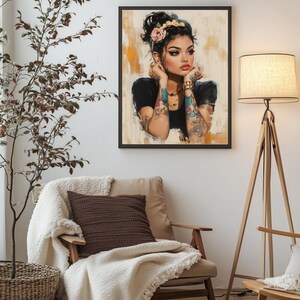 Digital painting of a tattooed woman with floral ink, gold jewelry, and bold makeup in a modern boho style, perfect for alternative decor and feminine empowerment wall art.