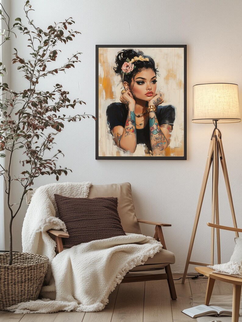 Digital painting of a tattooed woman with floral ink, gold jewelry, and bold makeup in a modern boho style, perfect for alternative decor and feminine empowerment wall art.