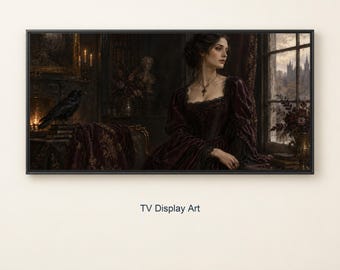 Moody Victorian Woman Frame TV Art, Gothic Raven Portrait Digital Download