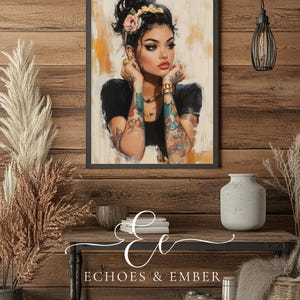 Digital painting of a tattooed woman with floral ink, gold jewelry, and bold makeup in a modern boho style, perfect for alternative decor and feminine empowerment wall art.