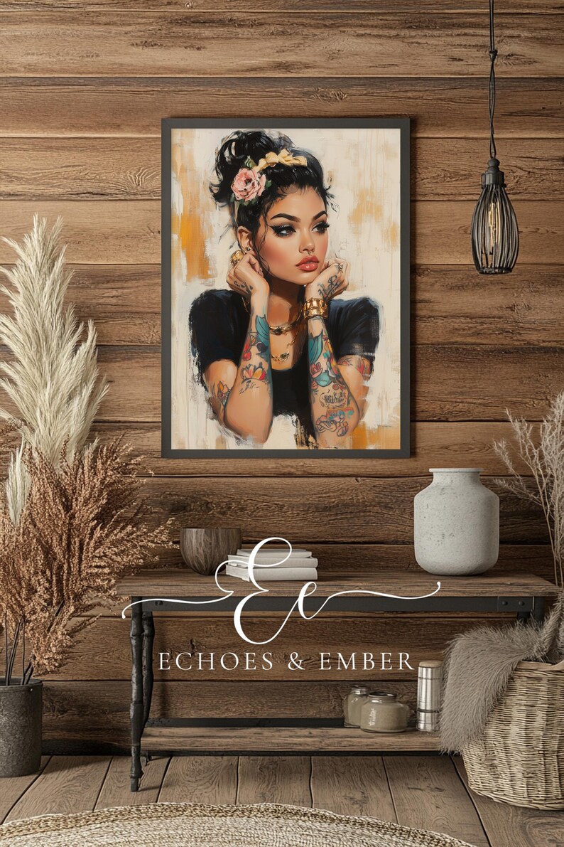 Digital painting of a tattooed woman with floral ink, gold jewelry, and bold makeup in a modern boho style, perfect for alternative decor and feminine empowerment wall art.