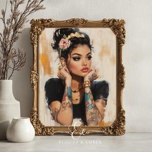 Digital painting of a tattooed woman with floral ink, gold jewelry, and bold makeup in a modern boho style, perfect for alternative decor and feminine empowerment wall art.
