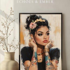 Digital painting of a tattooed woman with floral ink, gold jewelry, and bold makeup in a modern boho style, perfect for alternative decor and feminine empowerment wall art.