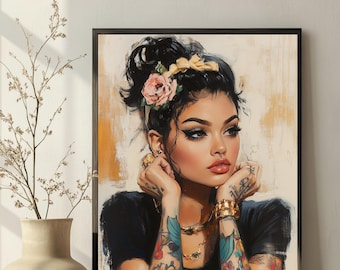 Tattoo Frau Wand Kunst druckbare moderne Boho Portrait digitaler Download Alternative Mädchen Dekor 11141