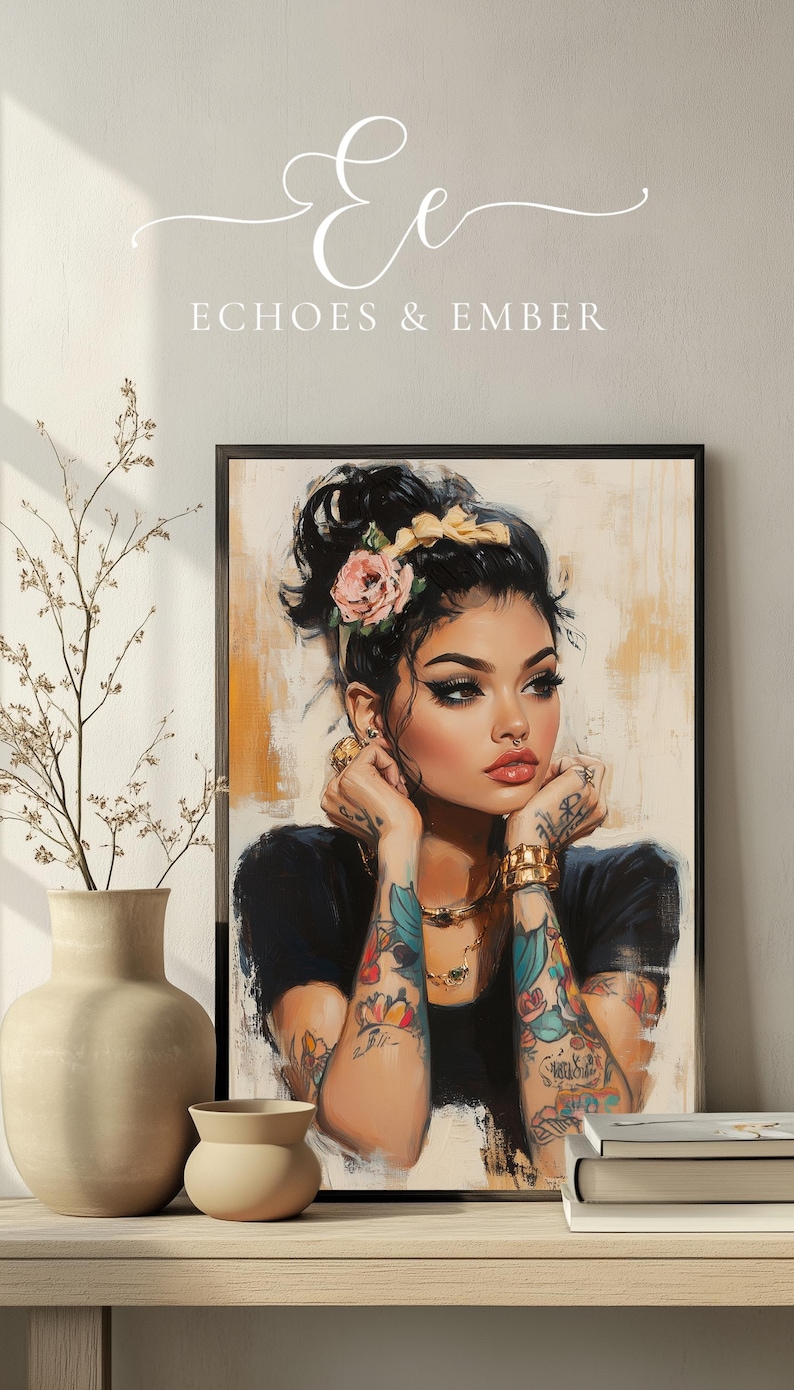 Digital painting of a tattooed woman with floral ink, gold jewelry, and bold makeup in a modern boho style, perfect for alternative decor and feminine empowerment wall art.