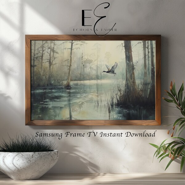 Morning Landscape FrameTV Art, Flying Duck Swamp Watercolor Painting Digital Download Frame TV Screensaver