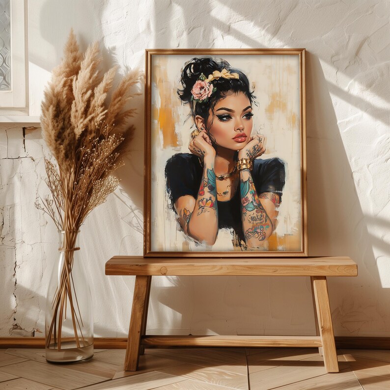 Digital painting of a tattooed woman with floral ink, gold jewelry, and bold makeup in a modern boho style, perfect for alternative decor and feminine empowerment wall art.