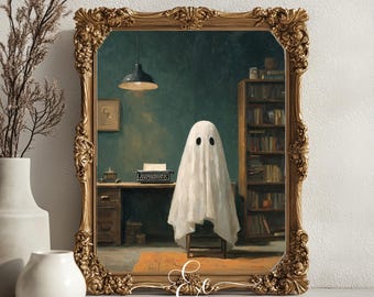 Vintage Ghost Writer Art Print: Spooky Typewriter Halloween Decor (Digital Download)