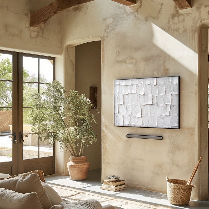 White Plaster Textured Samsung Frame TV Image.
