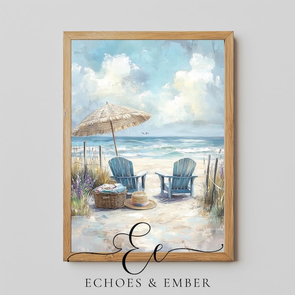 Kunstdruk strandstoel kust: zomerse kustscène (digitale download)