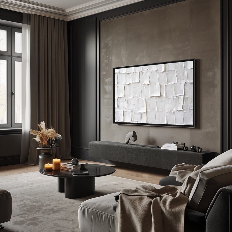 White Plaster Textured Samsung Frame TV Image.