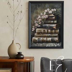 Dark Academia Book Stack Print: Vintage Floral Gothic Wall Decor (Digital Download)