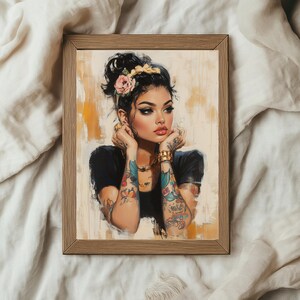 Digital painting of a tattooed woman with floral ink, gold jewelry, and bold makeup in a modern boho style, perfect for alternative decor and feminine empowerment wall art.