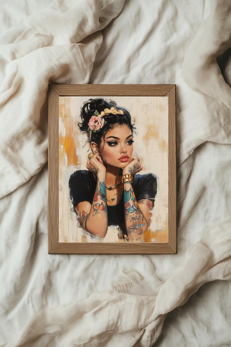 Digital painting of a tattooed woman with floral ink, gold jewelry, and bold makeup in a modern boho style, perfect for alternative decor and feminine empowerment wall art.