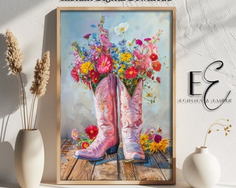 Pink Cowboy Boots Floral Art Print: Western Cowgirl Decor (Digital Download)