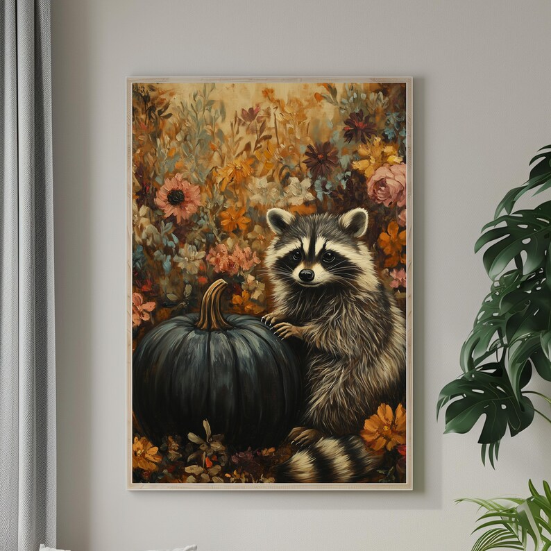 Rustic Raccoon Rustic Fall Painting - Moody Raccoon & Pumpkin Printable | 836 - Etsy