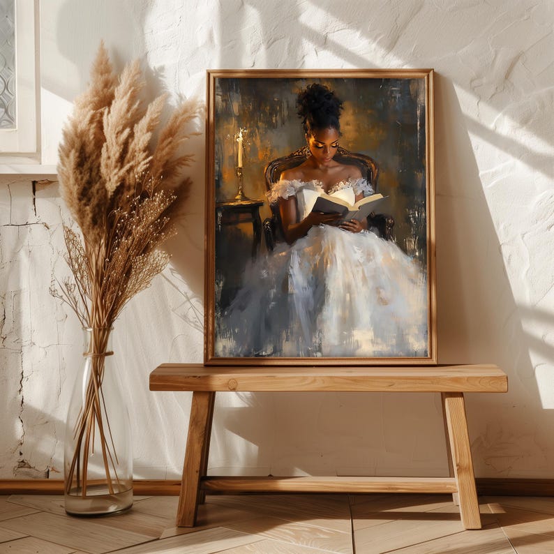 Digital painting of a woman in a vintage gown reading a book by candlelight in a dark, romantic setting, perfect for dark academia and literary-inspired wall decor.