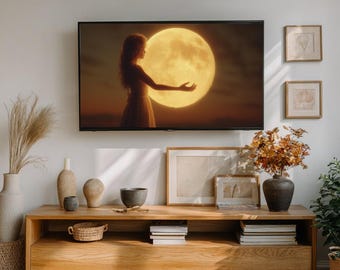 Moonlight Serenity: Girl Holding Moon Samsung Frame TV Art (Digital Download)