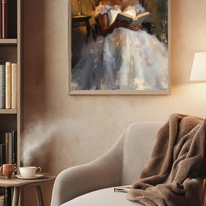 Digital painting of a woman in a vintage gown reading a book by candlelight in a dark, romantic setting, perfect for dark academia and literary-inspired wall decor.