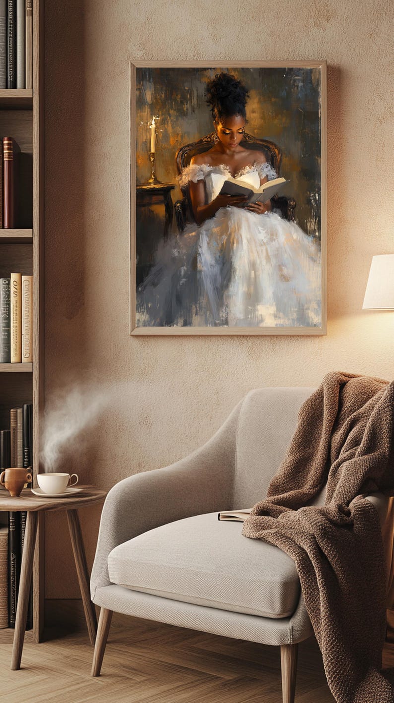 Digital painting of a woman in a vintage gown reading a book by candlelight in a dark, romantic setting, perfect for dark academia and literary-inspired wall decor.