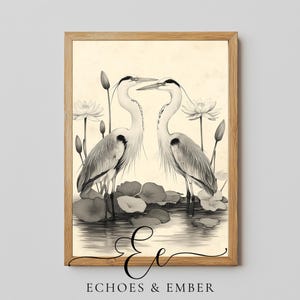 Vintage Heron Wall Art, Black and White Bird Printable, Japanese Crane Illustration, Minimalist Nature Drawing, Lake Wildlife Decor | 99018