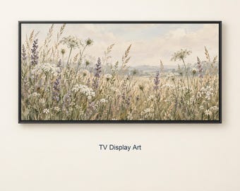 Neutral Wildflower Meadow Frame TV Art, Botanical Landscape Digital Download