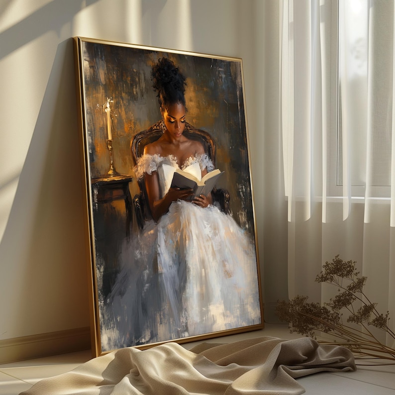 Digital painting of a woman in a vintage gown reading a book by candlelight in a dark, romantic setting, perfect for dark academia and literary-inspired wall decor.
