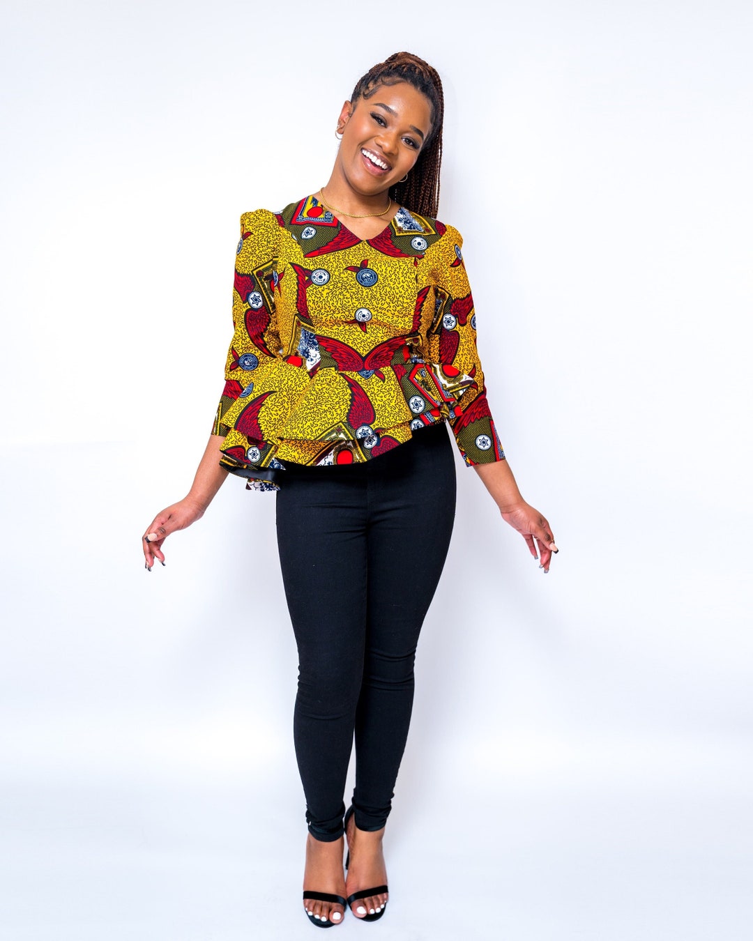 V necked African Print Fabric High Low fitted Peplum Top Double 
