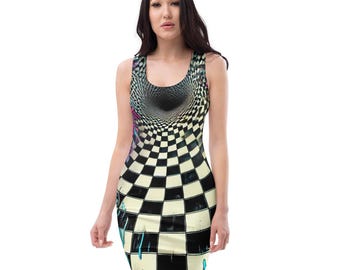 Cyberpunk Techwear Bodycon Dress – Futuristic Bee Rave Outfit – Festival Clubwear for Women