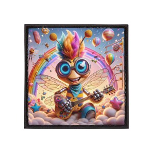 May include: A colorful patch featuring a cartoon bee playing a guitar in front of a rainbow. The bee has large blue eyes, a rainbow mohawk, and wears a blue and yellow striped outfit. The background includes clouds, balloons, and musical notes.