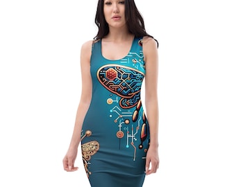 May include: Sleeveless dress with a teal background and a circuit board design. The dress features a large, stylized circuit board graphic in gold, blue, and red on the front. Additional circuit board elements are scattered across the dress.